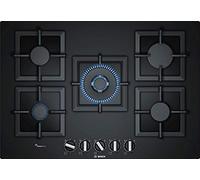 Bosch PPQ7A6B20, plaque de cuisson à gaz, Série 6, 5 foyers, 75 cm, Verre Trempé, Noir