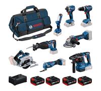 Kit batterie 8 outils : 18V GBH 18V-22, GWS 18V-8, GDR 18V-215, GSB 18V-65, GKS 18V-57-2, GSA 18V-28, GOP 18V-34, GLI 18V-300 4x GBA 5.0Ah et chargeur GAL 12V/18V-80 dans sac à outils - BOSCH - 0615V0