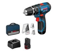 Bosch Professional 12V System perceuse-visseuse à percussion GSB 12V-15 (Ø perçage max. bois : 19 mm, 2 batteries 2,0Ah, chargeur, 2 sets forets, 1 set d’embouts, sacoche) - Set Amazon Exclusive