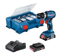 Bosch Professional 18V System perceuse-visseuse à percussion sans-fil GSB 18V-45 (régime à vide 1 900 tr/min, avec 2 batteries 2,0 Ah, GAL 18V-2082, set d’accessoires 82 pièces, L-Case Pick & Click)