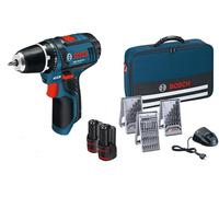 Bosch Professional GSR 12V-15 2Ah Perceuse sans fil avec 39 pièces Set d'accessoires, 2 batteries 2,0 AH, Chargeur de batterie avec pochette de rangement, 10,8 V