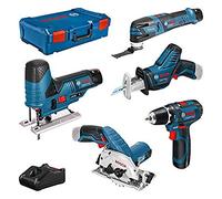 Bosch Professional Système 12V, tournevis sans fil GSR 12V-15+scie sauteuse GST12V-70+scie circulaire GKS 12V-26+scie Tiger GSA 12V-14+multicutter GOP 12V-28 (batterie 3x3,0 Ah+chargeur, XL-BOXX)