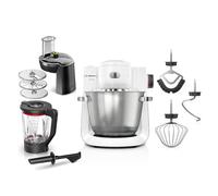 Bosch, Robot pâtissier, Série 6, moteur 1600 watts, mouvement planétaire 3D, kit pâtisserie, râpeur, blender ThermoSafe en verre, en acier inoxydable/blanc, MUMS6EW22