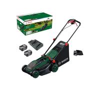 Bosch Tondeuse à Gazon sans-Fil ROTAK18V2-38 | largeur de coupe: 38cm, hauteur de coupe: 30-75mm, sac en tissu de 40l, accessoire de mulching, 2 batteries 18V & chargeur