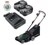 Bosch Tondeuse à Gazon sans Fil ROTAK18V2-43 (Largeur de Coupe : 43 cm, Hauteur de Coupe : 30-75 mm, Sac à Gazon en Tissu 40 l, Bouchon de paillis, 2 Batteries 18 V et Chargeur)