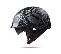 BOSERMEM Adulte Harley Moto Casque Scooter Casque Dot/ECE Approuvé, Élégant Casque Semi-Ouvert avec Lunettes(Noir Mat De Crâne Fleur)