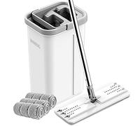 BOSHENG Balai à Franges et Seau en Microfibre à essorage Automatique avec 3 tampons lavables et réutilisables, système de Nettoyage de Sol Domestique pour Une Utilisation Humide et sèche.