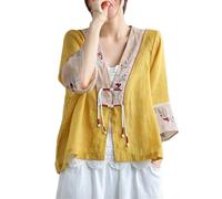 BoShiNuo Broderie chinoise Hanfu Tops National Tang Costume Chemise Col V Femmes Chemisier Traditionnel Cardigan Décontracté Lâche, jaune, XL