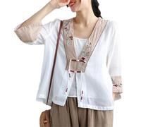 BoShiNuo Broderie chinoise Hanfu Tops National Tang Costume Chemise Col V Femmes Chemisier Traditionnel Cardigan Décontracté Lâche, blanc, XL