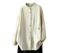 BoShiNuo Chemise à manches longues en coton et lin pour femme avec boutons colorés et col montant - Style rétro ample, Couleur lin., M