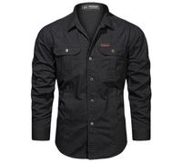 BoShiNuo Chemise cargo en coton de printemps pour homme - Manches longues, multi-poches, décontractée, militaire, chemise oversize, Noir , L