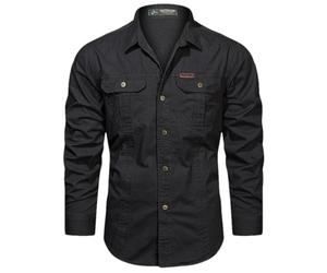 BoShiNuo Chemise cargo en coton de printemps pour homme - Manches longues, multi-poches, décontractée, militaire, chemise oversize, Noir , L