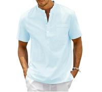 BoShiNuo Pull d'été pour homme en coton et lin à manches courtes Chemise lâche Couleur unie Stand-up Cravate Poche, bleu ciel, L