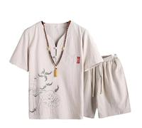 BoShiNuo T-shirt de style chinois + short pour homme Ensemble T-shirt d'été en lin et coton uni décontracté à manches courtes, kaki, XXL