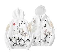 BoShiNuo Vêtements de style japonais d'automne avec impression de grue chinoise pour hommes, sweat à capuche masculin décontracté avec fermeture éclair, L
