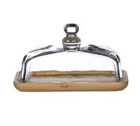 Bosiyrggrl Beurrier en Bambou avec Couvercle en Verre - Plateau à Beurre Transparent pour Réfrigérateur et Comptoir pour Beurre, Bloc de Fromage à la Crème et Service