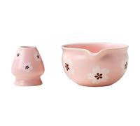 Bosiyrggrl Bol à Thé pour Table - Ensemble de 2 Pièces de Bol à Matcha Japonais Traditionnel et Support à Fouet pour Cérémonie du Thé, Cadeau de Fête, Fleurs Blanches.
