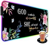 BOSLIVE Tapis de souris de jeu personnalisé RVB et dessous de verre café, grande LED lumineuse, base en caoutchouc antidérapant, 80 x 20 cm, verset de la Bible et psaume 46:5