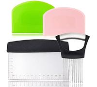 Bosoirsu Lot de 4 supports à oignons et grattoir en acier inoxydable multifonction pour cuisine, bol à pâte en plastique, râteau à pain, coupe-oignon pour trancher les pommes de terre et légumes