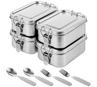 BOSREROY 4er-Set rechteckige Lunchboxen aus 304 Edelstahl, stapelbare Behälter mit Dichtung und Verschluss, mit 2 Gabeln und 2 Löffeln, 550 ml, für Büro und Alltag, leicht zu verstauen
