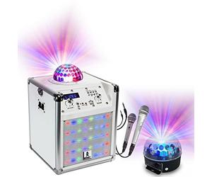 BOST - Enceinte Autonome Karaoké USB/Bluetooth KUBELED-WH avec Lumière Astro intégrée - 2 Micros - Télécommande - 1 Jeu de Lumière Astro - Anniversaire