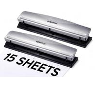 Bostitch Office Premium Lot de 2 perforatrices à 3 trous, capacité de 15 feuilles, en métal, base en caoutchouc, plateau facile à nettoyer, argent