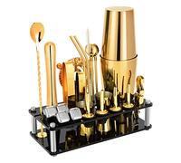 Boston Ensemble de shaker à cocktail, 23 pièces en acier inoxydable avec support en acrylique et livret de recettes de cocktail, bar, fête - Doré