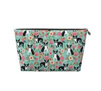 Boston Terrier avec des Fleurs, Trousse de Toilette Trousse de Maquillage Sac à cosmétiques Trousse de Toilette de Voyage Portable