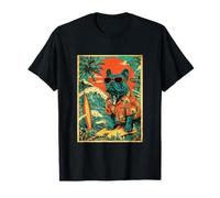 Boston Terrier Chien Surfeur Hawaïen Rétro Coucher de Soleil Plage Été T-Shirt