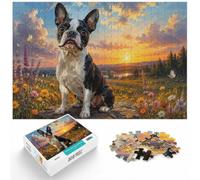 Boston Terrier in a Floral Landscape ｜ Bold M Puzzle, 1000 pièces | Pour les soirées calmes : Puzzle 1000 pièces adulte ; pour les adultes qui aiment les puzzles illustrés.