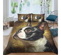 Boston terrier Parure de Lit Microfibre 3 Pièces Imprimé en 3D Facile d'entretien Vintage pet portrait Housse de Couette avec Taie d'oreiller Hypoallergique for Adultes Enfants Super king（260x220cm）