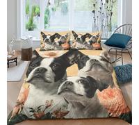 Boston Terrier Parure de Lit Microfibre 3 Pièces Imprimé en 3D Super Douce Vintage Floral Art Ensemble De Literie avec Fermeture Éclair Résistante for Adultes Enfants Super King（260x220cm）