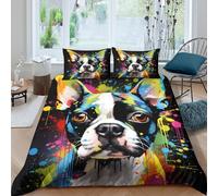 Boston Terrier Parure de Lit Microfibre résistante 3 Pièces 3D Effet Douce Coloré Pop Art Housse de Couette avec Fermeture Éclair Confortable for Adulte Enfants Filles Single（135x200cm）