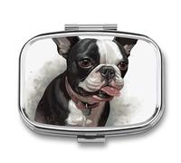 Boston Terrier Pilulier à 2 compartiments pour sac à main ou poche Mini pilulier en métal pour médicaments quotidiens pour contenir des vitamines, de l'huile de poisson