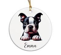 Boston Terrier Qui Regarde Furtivement Sapin Décoration D'Ornement De Noël Céramique Décoration De Noël À Suspendre avec Ficelle Dorée Christmas Hanging