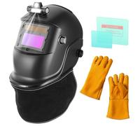 BOSYTRO Masque de Soudage avec éclairage, Casque Soude Auto-Obscurcissant, Alimenté par énergie Solaire, avec 2 Films de Protection + Gants de soudage + Tunique de Protection du Cou pour TIG/MIG