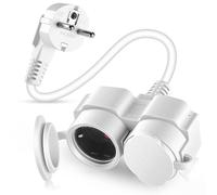 BOSYTRO Rallonge avec Prise Schuko, Double Prise avec Deux Prises et Capuchons Anti-poussière, Double fiche pour Usage intérieur/extérieur, Maximum 3500 W, 16 A 250 V, IP44, 0,25m Blanc