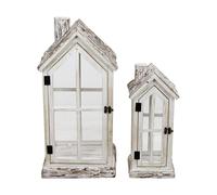 BOTANIC®-Lanterne en bois de sapin forme maison blanche avec verre grand modèle - 28 x 21 x 57 cm