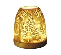 BOTANIC®-Photophore mini igloo en céramique blanche et socle bois motif animaux de la forêt - diamètre 9 x H 11 cm