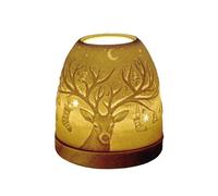 BOTANIC®-Photophore mini igloo en céramique blanche et socle bois motif cerf - diamètre 9 x H 11 cm