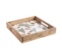 BOTANIC®-Plateau carré branche de sapin baies coloris vert en bois de manguier - 30 x 30 x 6 cm