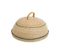BOTANIC®-Plateau rond en bois avec cloche en osier naturel à lignes verte et jaune - diamètre 30 x 13 cm