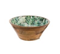 BOTANIC®-Saladier rond décoré feuilles coloris bleu en manguier émaillé - 30 x 30 x 13 cm