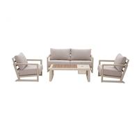 BOTANIC®-Salon de jardin en aluminium coloris crème et chêne Perth - 4 éléments (canapé, table basse et deux fauteuils)