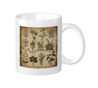 Botanical Lot de 1 mug imprimé champignon feuilles floral plante artistique rétro style shabby vert foncé jaune céramique non renversable cuisine école bureau garde-manger avec poignées 325 ml