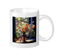 Botanical Lot de 1 mug imprimé cottage ferme floral fenêtres plante vase feuilles orange vert céramique thé infuseur poids léger garde-manger apaartment chambre à coucher tasse à café à fond plat 325