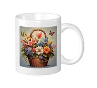 Botanical Lot de 1 mug imprimé panier de fleurs papillon cottage belles feuilles florales rose bleu marron céramique poids léger collection salon laboratoire extérieur fond plat avec poignées 325 ml