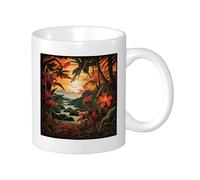 Botanical Lot de 1 mug imprimé paysage arbre, montagne, lac, coucher de soleil, fleur, nature artistique, orange, vert, céramique, réutilisable, décoratif, cuisine, école, bureau, garde-manger avec