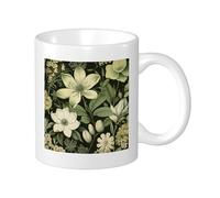 Botanical Lot de 1 tasse à impression vintage avec belles fleurs et feuilles rustiques en céramique verte, poids léger, collection salon, laboratoire, extérieur, bureau, fond plat avec poignées, 325