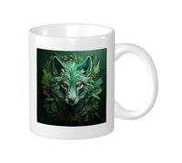 Botanical Lot de 1 tasse imprimée artistique et esthétique Motif loup Plante Feuilles Animaux Beau Vert Cool Céramique Inrenversable Cuisine école Bureau avec poignées 325 ml